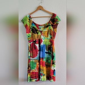 Jams World Tuscany Rayon Dress Colorful Sweetheart Neckline Flutter Sleeve Sz M